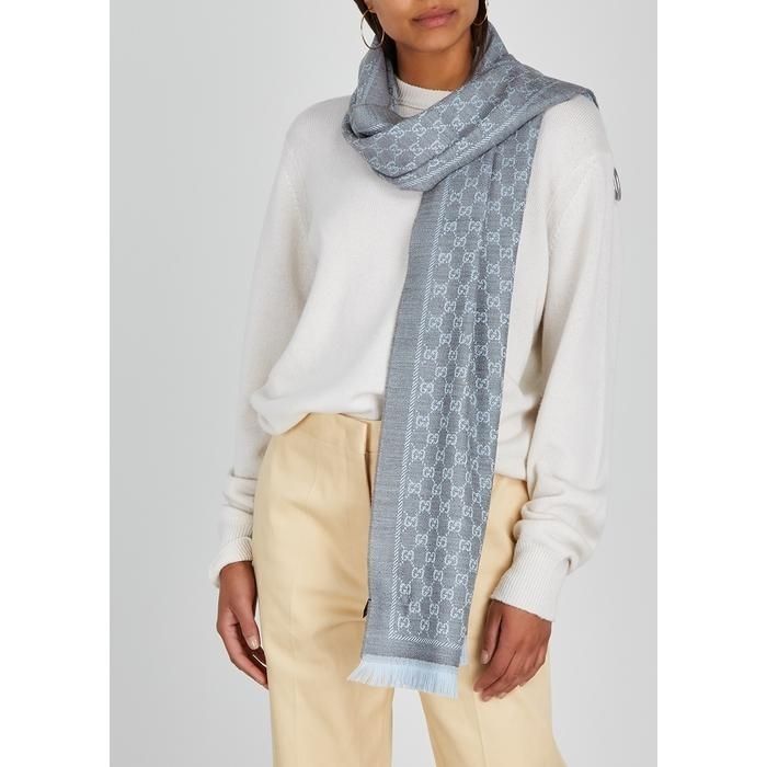 Light Blue Wool GG Jacquard Scarf