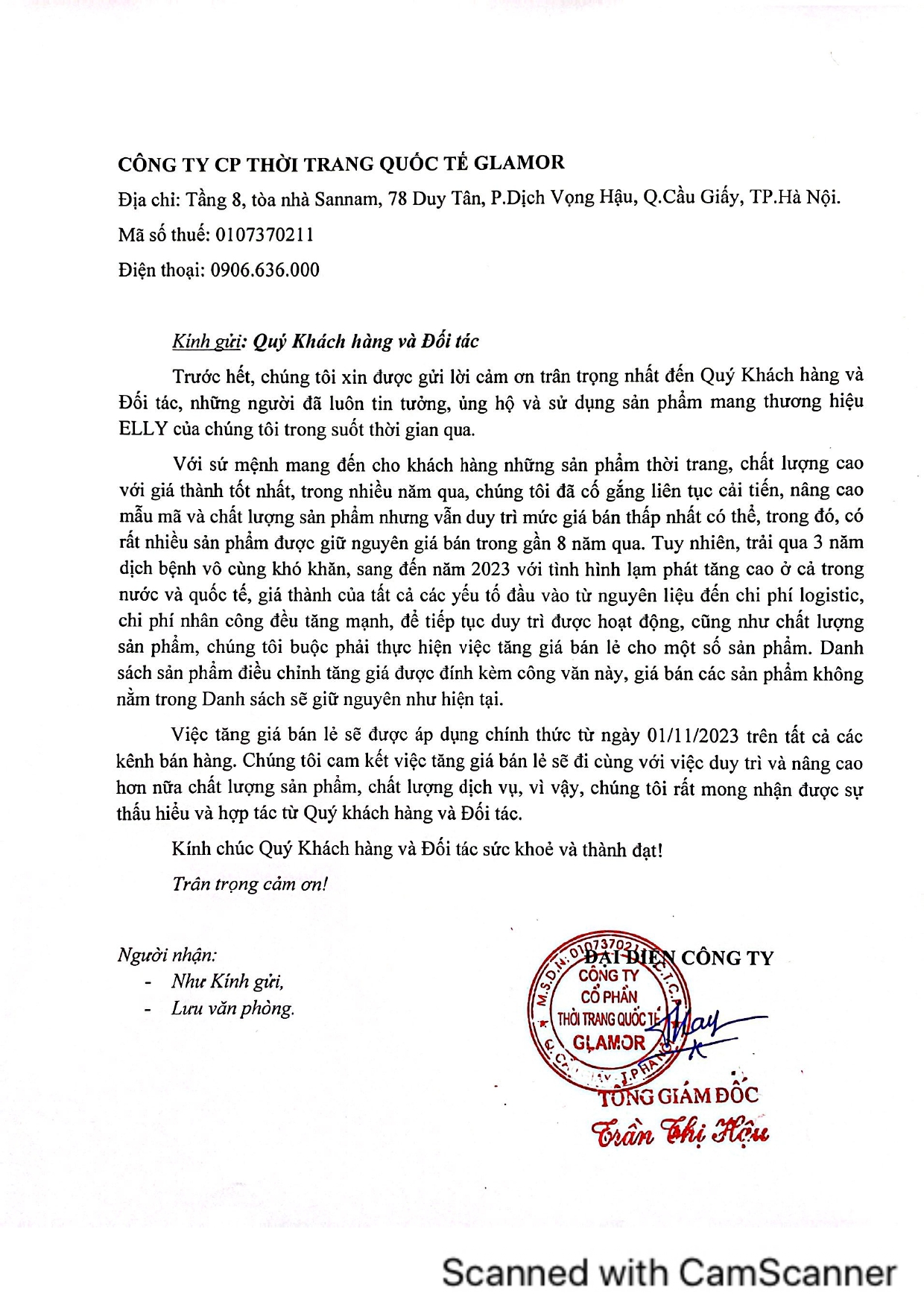 Cong van thong bao tang gia san pham