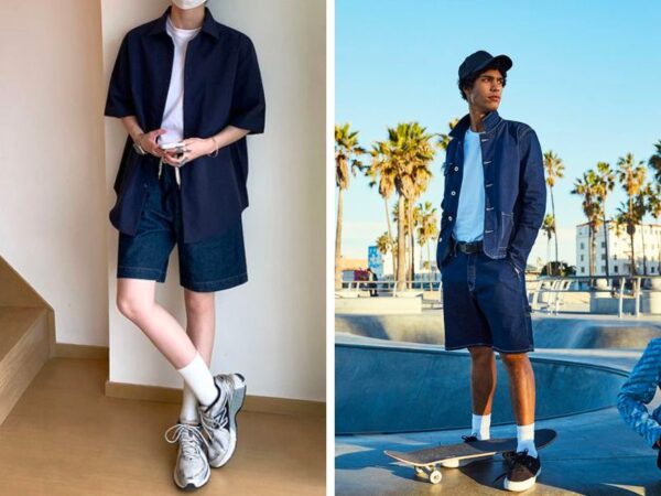 cach phoi do voi quan short nam xanh duong co trong tu do cua chang.4